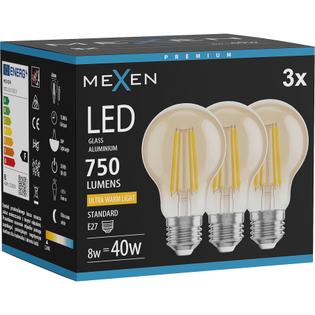 Mexen Vintis 3x LED kaitrinė lemputė E27, A60, 8W, Šilta - 2200K, 750 lm, gintarinė - L150-E27-0822-50x03