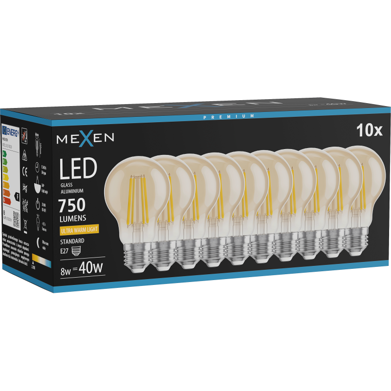 Mexen Vintis 10x Lemputė LED E27, A60, 8W, Šilta - 2200K, 750 lm, gintaras - L150-E27-0822-50x10