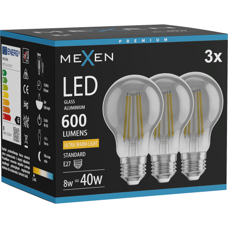 Mexen Vintis 3x Gijų lemputė LED E27, A60, 8W, Šilta - 2200K, 600 lm, rūkytas - L150-E27-0822-70x03