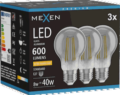 Mexen Vintis 3x Gijų lemputė LED E27, A60, 8W, Šilta - 2200K, 600 lm, rūkytas - L150-E27-0822-70x03