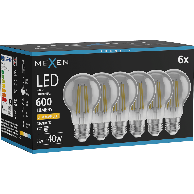 Mexen Vintis 6x Lemputė su gija LED E27, A60, 8W, Šilta - 2200K, 600 lm, dūmų - L150-E27-0822-70x06