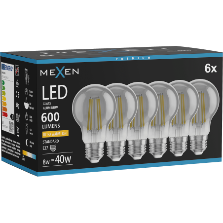 Mexen Vintis 6x Lemputė su gija LED E27, A60, 8W, Šilta - 2200K, 600 lm, dūmų - L150-E27-0822-70x06