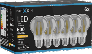 Mexen Vintis 6x Lemputė su gija LED E27, A60, 8W, Šilta - 2200K, 600 lm, dūmų - L150-E27-0822-70x06