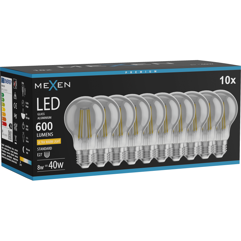 Mexen Vintis 10x Kaitinamosios LED lemputės E27, A60, 8W, Šilta - 2200K, 600 lm, Dūminė - L150-E27-0822-70x10