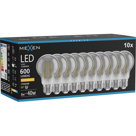 Mexen Vintis 10x Kaitinamosios LED lemputės E27, A60, 8W, Šilta - 2200K, 600 lm, Dūminė - L150-E27-0822-70x10
