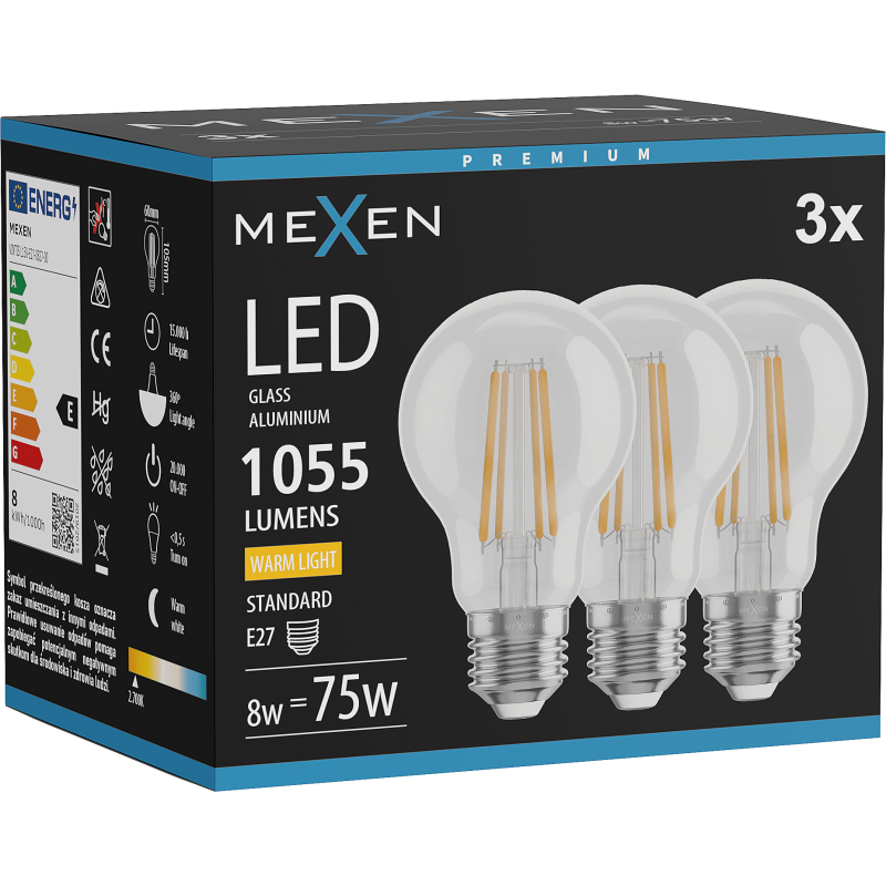 Mexen Vintis 3x LED siūlelio lemputė E27, A60, 8W, Šilta - 2700K, 1055 lm, skaidri - L150-E27-0827-00x03