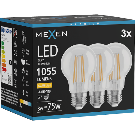 Mexen Vintis 3x LED siūlelio lemputė E27, A60, 8W, Šilta - 2700K, 1055 lm, skaidri - L150-E27-0827-00x03
