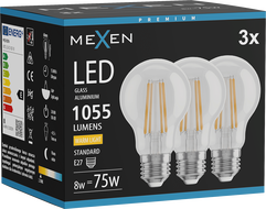 Mexen Vintis 3x LED siūlelio lemputė E27, A60, 8W, Šilta - 2700K, 1055 lm, skaidri - L150-E27-0827-00x03