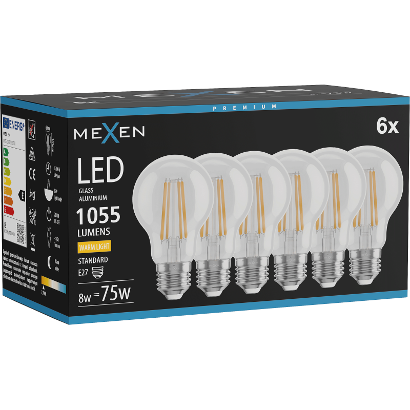 Mexen Vintis 6x LED filamentinė lemputė E27, A60, 8W, Šilta - 2700K, 1055 lm, skaidri - L150-E27-0827-00x06