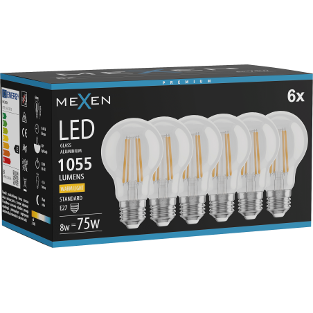 Mexen Vintis 6x LED filamentinė lemputė E27, A60, 8W, Šilta - 2700K, 1055 lm, skaidri - L150-E27-0827-00x06