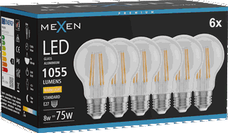 Mexen Vintis 6x LED filamentinė lemputė E27, A60, 8W, Šilta - 2700K, 1055 lm, skaidri - L150-E27-0827-00x06