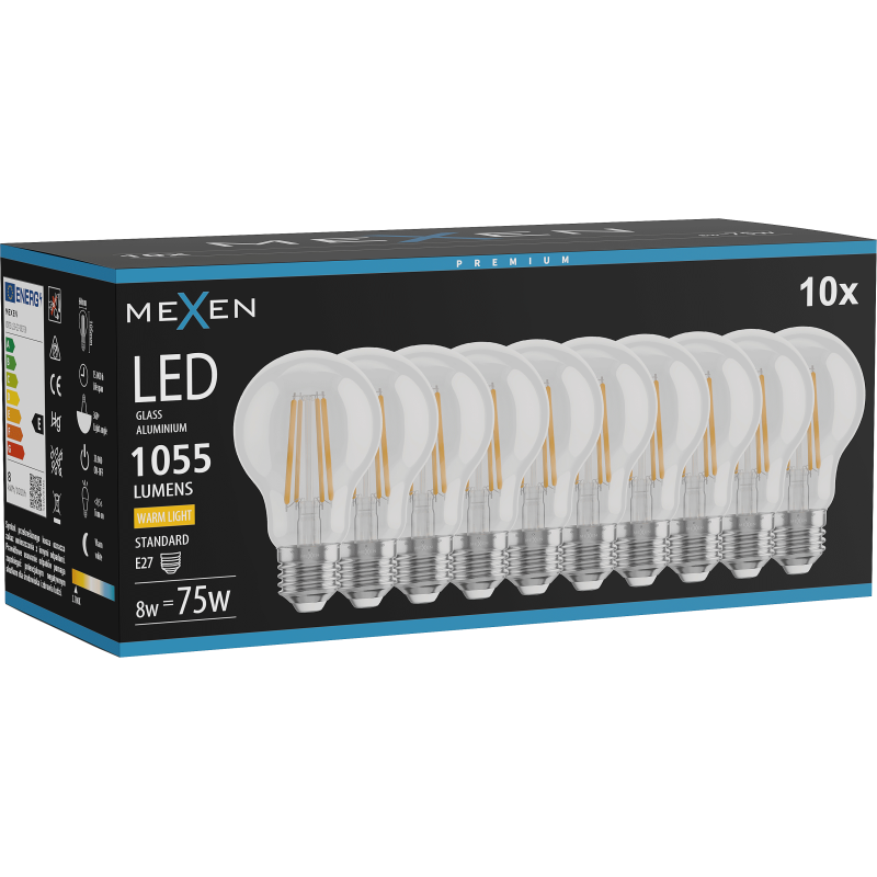 Mexen Vintis 10x LED gijų lemputė E27, A60, 8W, Šilta - 2700K, 1055 lm, skaidri - L150-E27-0827-00x10