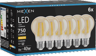 Mexen Vintis 6x LED filamentinė lemputė E27, A60, 8W, Šilta - 2700K, 750 lm, gintarinė - L150-E27-0822-50x06