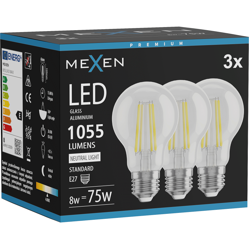Mexen Vintis 3x LED gijų lemputė E27, A60, 8W, Neutralus - 4000K, 1055 lm, skaidrus - L150-E27-0840-00x03