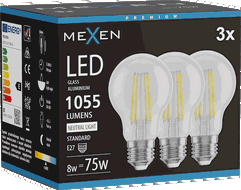 Mexen Vintis 3x LED gijų lemputė E27, A60, 8W, Neutralus - 4000K, 1055 lm, skaidrus - L150-E27-0840-00x03