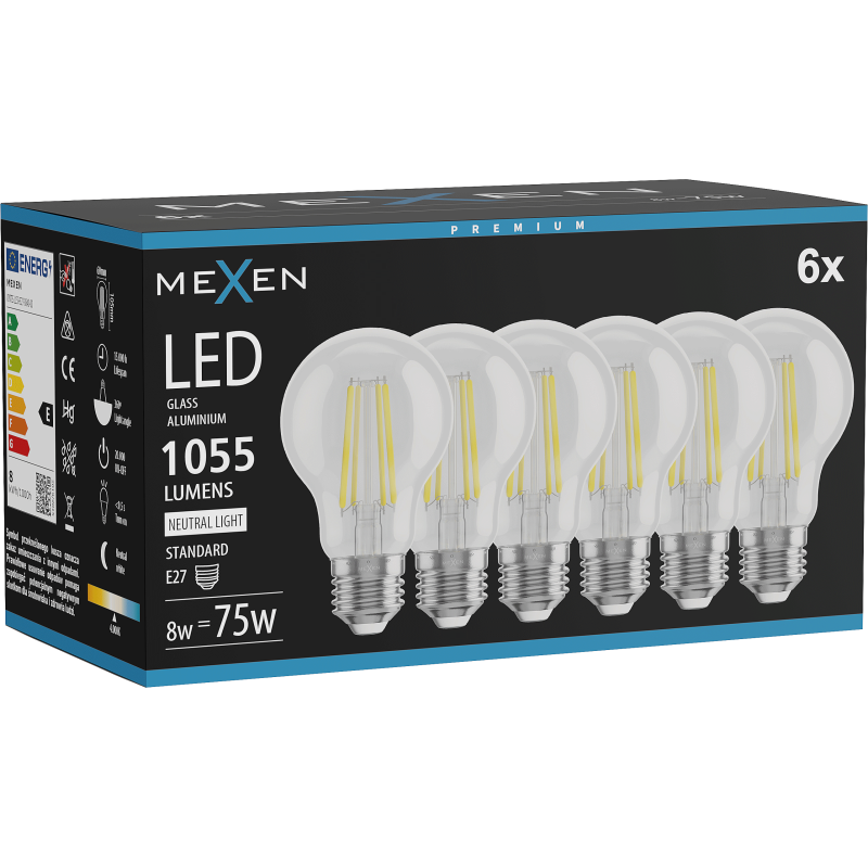 Mexen Vintis 6x LED kaitrinė lemputė E27, A60, 8W, Neutralus - 4000K, 1055 lm, skaidrus - L150-E27-0840-00x06