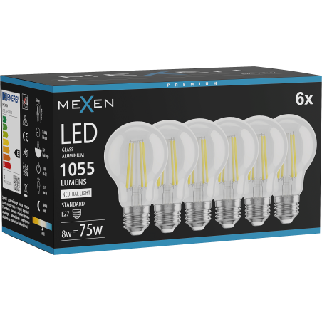 Mexen Vintis 6x LED kaitrinė lemputė E27, A60, 8W, Neutralus - 4000K, 1055 lm, skaidrus - L150-E27-0840-00x06