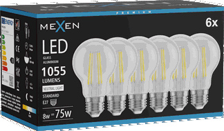 Mexen Vintis 6x LED kaitrinė lemputė E27, A60, 8W, Neutralus - 4000K, 1055 lm, skaidrus - L150-E27-0840-00x06
