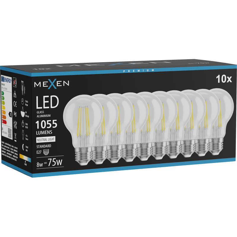 Mexen Vintis 10x LED gijų lemputė E27, A60, 8W, Neutrali - 4000K, 1055 lm, skaidri - L150-E27-0840-00x10