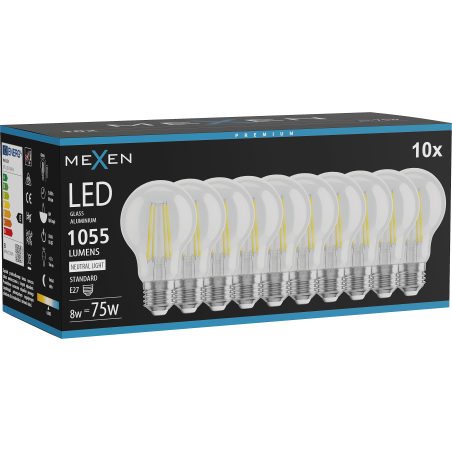 Mexen Vintis 10x LED gijų lemputė E27, A60, 8W, Neutrali - 4000K, 1055 lm, skaidri - L150-E27-0840-00x10