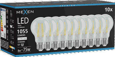 Mexen Vintis 10x LED gijų lemputė E27, A60, 8W, Neutrali - 4000K, 1055 lm, skaidri - L150-E27-0840-00x10