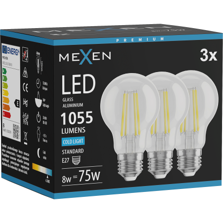 Mexen Vintis 3x LED siūlo lemputė E27, A60, 8W, Šalta - 6500K, 1055 lm, skaidri - L150-E27-0865-00x03