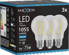 Mexen Vintis 3x LED siūlo lemputė E27, A60, 8W, Šalta - 6500K, 1055 lm, skaidri - L150-E27-0865-00x03
