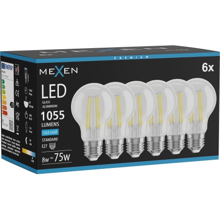 Mexen Vintis 6x LED filamentinė lemputė E27, A60, 8W, Šalta - 6500K, 1055 lm, skaidri - L150-E27-0865-00x06