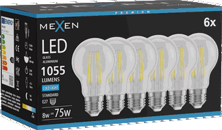 Mexen Vintis 6x LED filamentinė lemputė E27, A60, 8W, Šalta - 6500K, 1055 lm, skaidri - L150-E27-0865-00x06