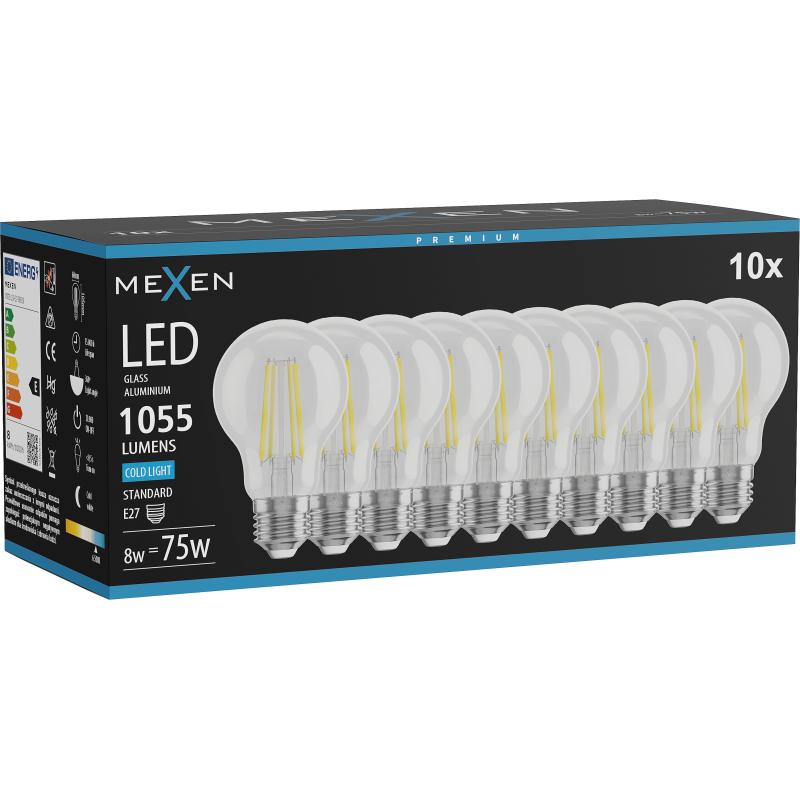 Mexen Vintis 10x LED siūlelės lemputė E27, A60, 8W, Šalta - 6500K, 1055 lm, skaidri - L150-E27-0865-00x10