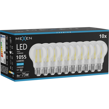 Mexen Vintis 10x LED siūlelės lemputė E27, A60, 8W, Šalta - 6500K, 1055 lm, skaidri - L150-E27-0865-00x10