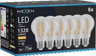 Mexen Vintis 6x LED siūlelio lemputė E27, A60, 10W, Šilta - 2700K, 1320 lm, skaidri - L150-E27-1027-00x06