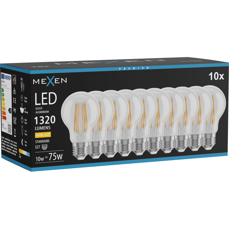 Mexen Vintis 10x Filamento LED lemputė E27, A60, 10W, Šilta - 2700K, 1320 lm, skaidri - L150-E27-1027-00x10