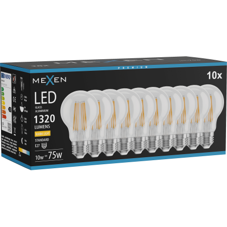 Mexen Vintis 10x Filamento LED lemputė E27, A60, 10W, Šilta - 2700K, 1320 lm, skaidri - L150-E27-1027-00x10