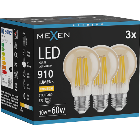 Mexen Vintis 3x LED gijų lemputė E27, A60, 10W, Šilta - 2700K, 910 lm, gintarinė - L150-E27-1027-50x03
