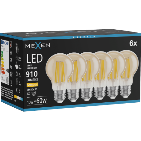 Mexen Vintis 6x Filamento LED lemputė E27, A60, 10W, Šilta - 2700K, 910 lm, gintaras - L150-E27-1027-50x06