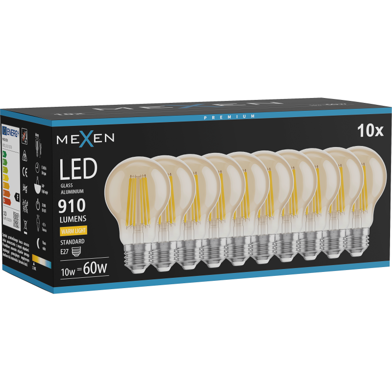 Mexen Vintis 10x LED gijų lemputė E27, A60, 10W, Šilta - 2700K, 910 lm, gintarinė - L150-E27-1027-50x10