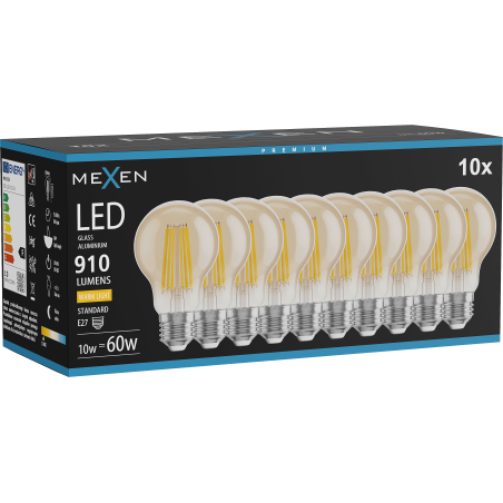 Mexen Vintis 10x LED gijų lemputė E27, A60, 10W, Šilta - 2700K, 910 lm, gintarinė - L150-E27-1027-50x10