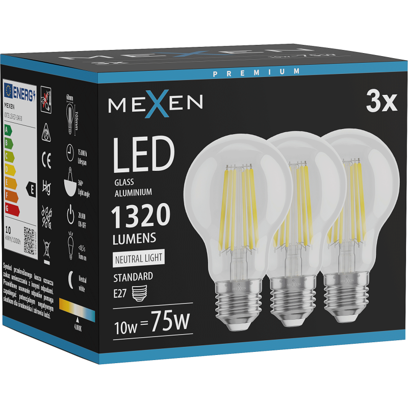 Mexen Vintis 3x LED siūlelių lemputė E27, A60, 10W, Neutrali - 4000K, 1320 lm, skaidri - L150-E27-1040-00x03