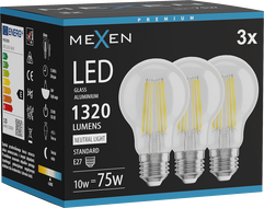 Mexen Vintis 3x LED siūlelių lemputė E27, A60, 10W, Neutrali - 4000K, 1320 lm, skaidri - L150-E27-1040-00x03