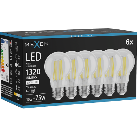 Mexen Vintis 6x LED E27 gijų lemputė, A60, 10W, Neutrali - 4000K, 1320 lm, skaidri - L150-E27-1040-00x06