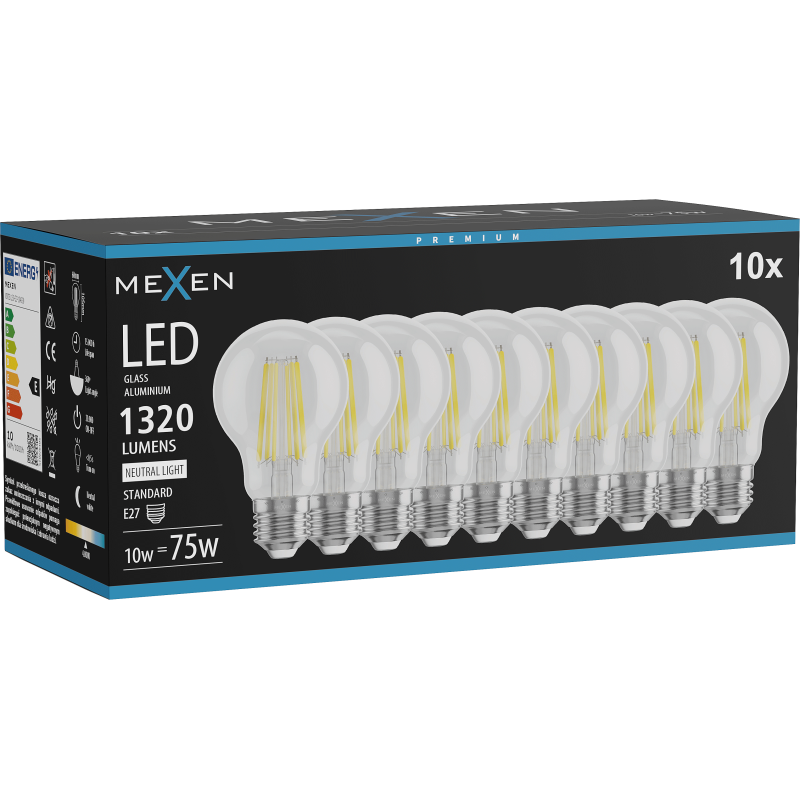 Mexen Vintis 10x Kaitinamoji LED lemputė E27, A60, 10W, Neutrali - 4000K, 1320 lm, skaidri - L150-E27-1040-00x10