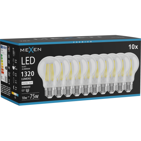 Mexen Vintis 10x Kaitinamoji LED lemputė E27, A60, 10W, Neutrali - 4000K, 1320 lm, skaidri - L150-E27-1040-00x10