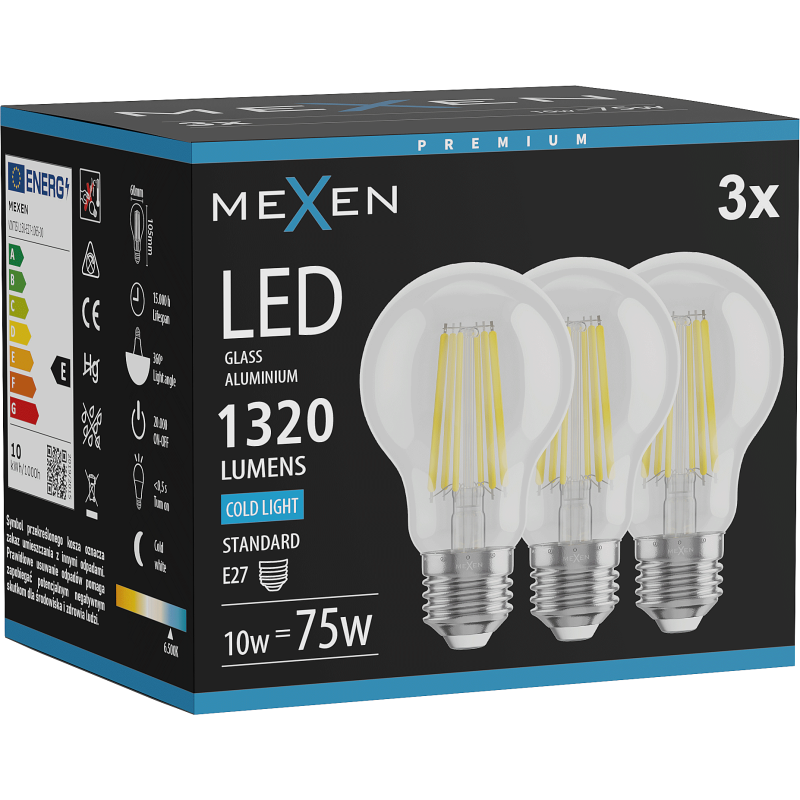 Mexen Vintis 3x LED siūlelio lemputė E27, A60, 10W, Šalta - 6500K, 1320 lm, skaidri - L150-E27-1065-00x03