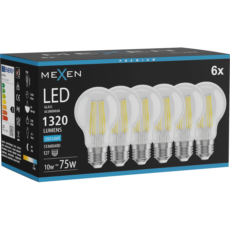 Mexen Vintis 6x LED gijų lemputė E27, A60, 10W, šalta - 6500K, 1320 lm, permatoma - L150-E27-1065-00x06