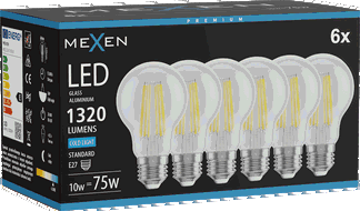 Mexen Vintis 6x LED gijų lemputė E27, A60, 10W, šalta - 6500K, 1320 lm, permatoma - L150-E27-1065-00x06
