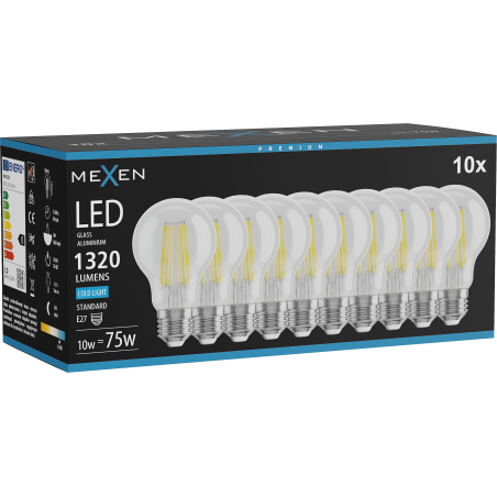 Mexen Vintis 10x LED gijų lemputė E27, A60, 10W, Šalta - 6500K, 1320 lm, skaidri - L150-E27-1065-00x10