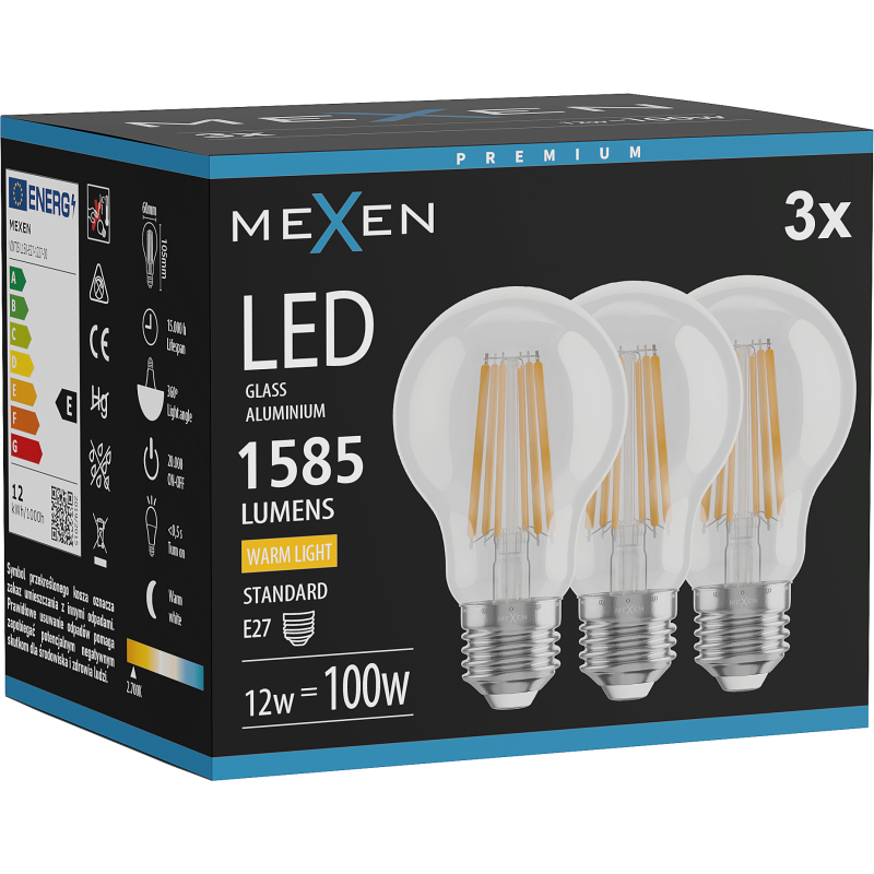 Mexen Vintis 3x LED kaitinamosios lemputės E27, A60, 12W, Šilta - 2700K, 1585 lm, skaidri - L150-E27-1227-00x03