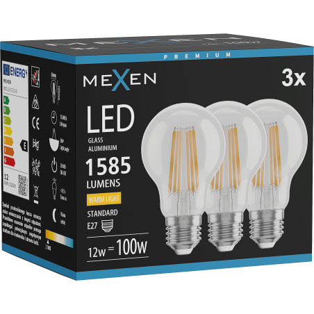 Mexen Vintis 3x LED kaitinamosios lemputės E27, A60, 12W, Šilta - 2700K, 1585 lm, skaidri - L150-E27-1227-00x03