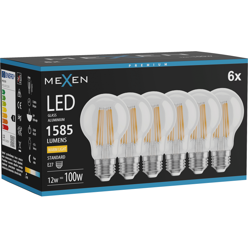 Mexen Vintis 6x LED gijų lemputė E27, A60, 12W, Šilta - 2700K, 1585 lm, skaidri - L150-E27-1227-00x06